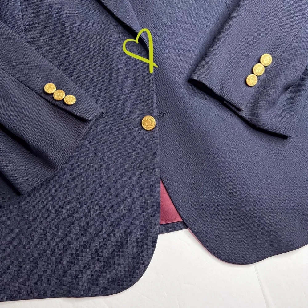 Vintage Halston Navy Wool Blazer 44 Union-Made in USA Gold Buttons Preppy